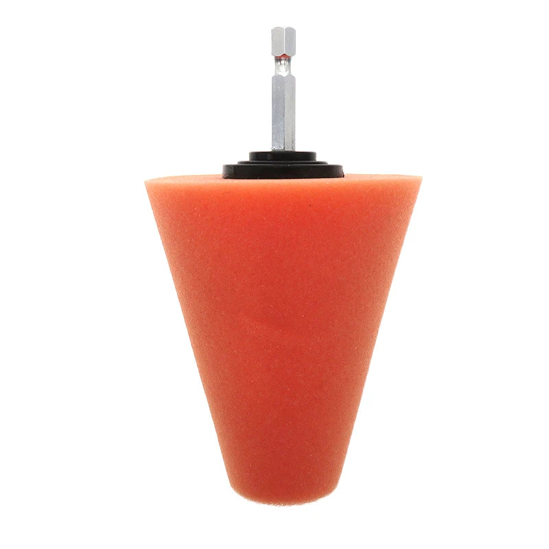 An orange conical sponge polishing cone with a metal rod attached for automotive detailing.