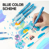 A blue color scheme featuring acrylic paint markers and watercolor splashes on white paper.