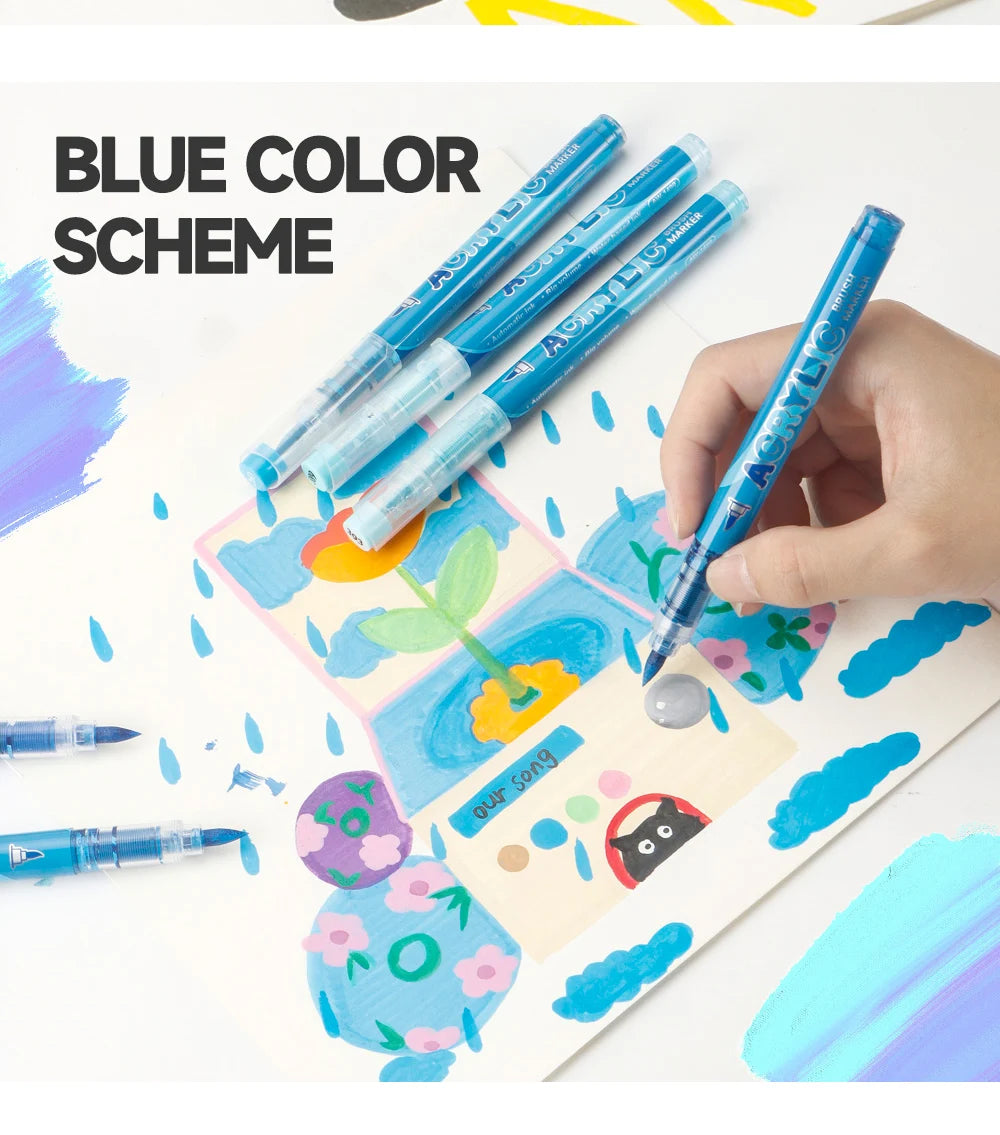 A blue color scheme featuring acrylic paint markers and watercolor splashes on white paper.