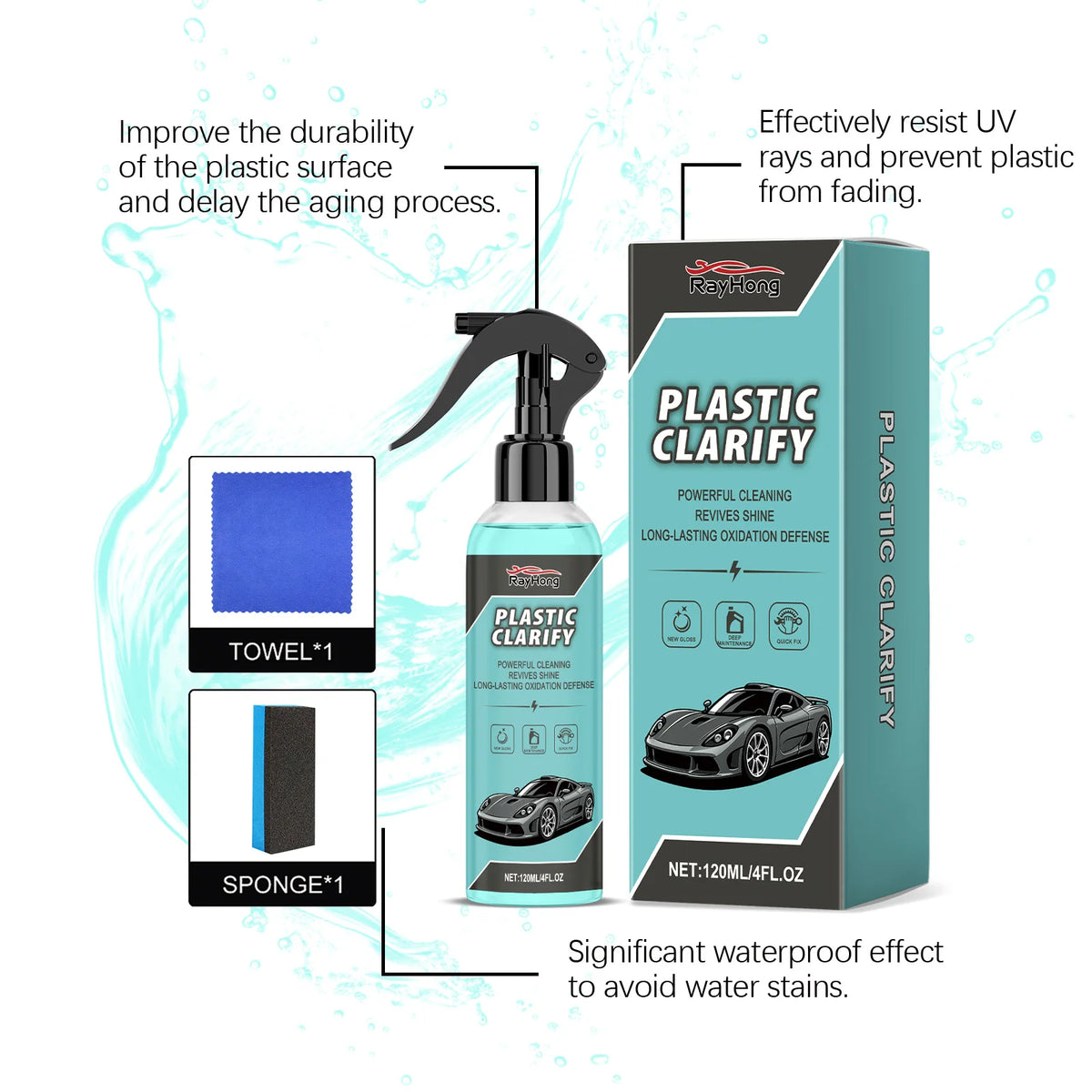 Bouteille de produit de restauration plastique automobile avec essuie-tout et éponge pour protection de surface