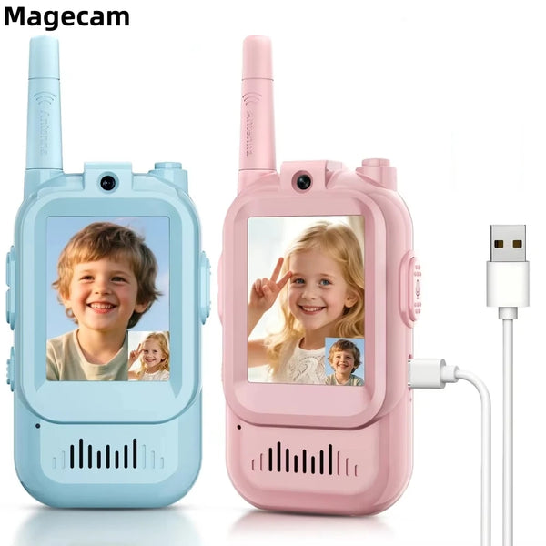 A pink and blue Magacam camera is shown with a charging cable, featuring a video display and multiple lenses.
