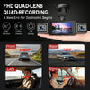 A hand holds an FHD quad-lens dashcam featuring front and rear cameras for recording.
