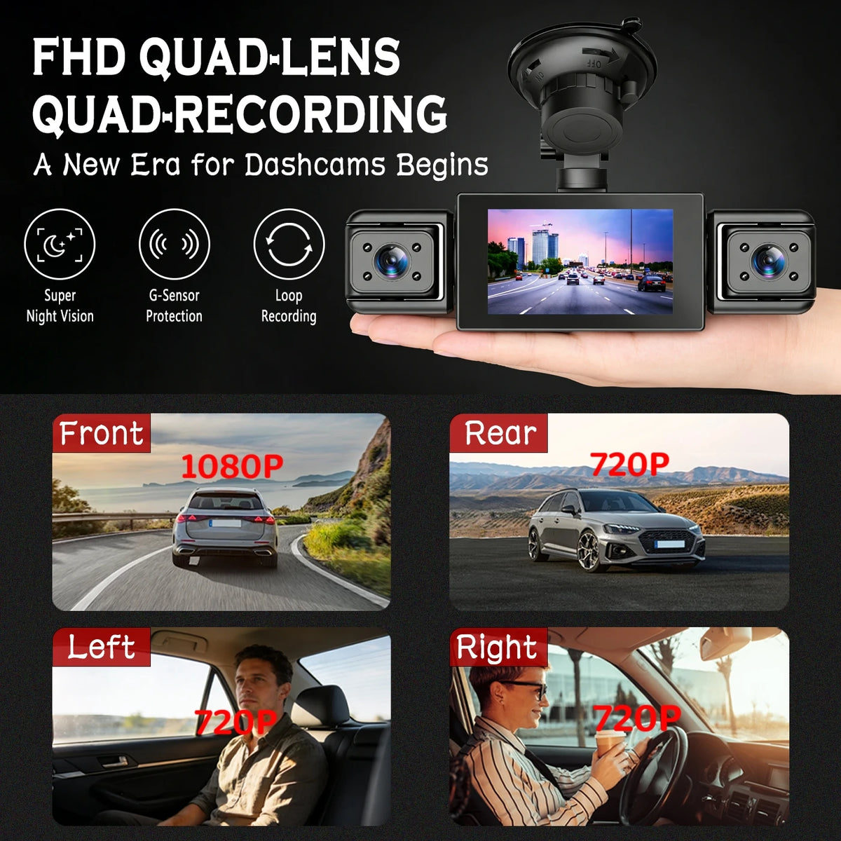 A hand holds an FHD quad-lens dashcam featuring front and rear cameras for recording.