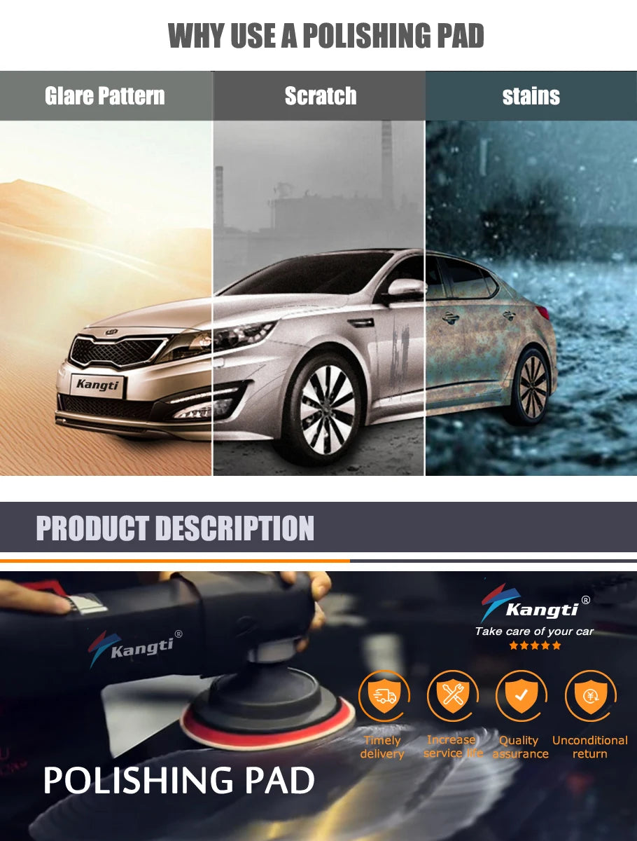 A polishing pad is shown being used on a car's exterior to remove glare, scratches, and stains.