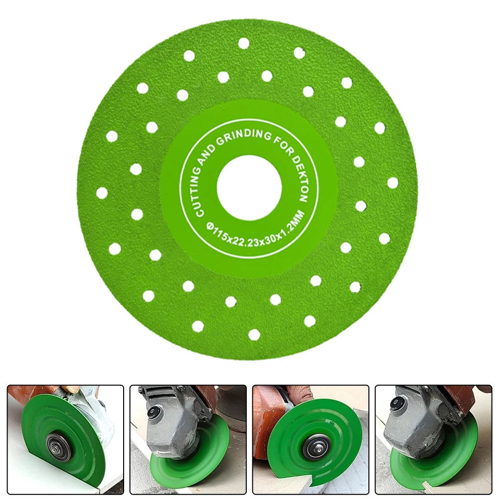 Green diamond glass and tile cutting disc with mounting holes for angle grinders