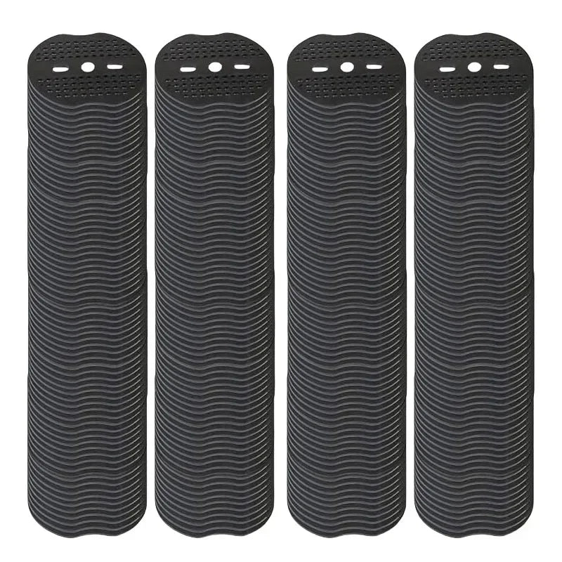 A set of five galvanized U-shaped garden staples for landscape fabric and netting, shown in a dark gray color.