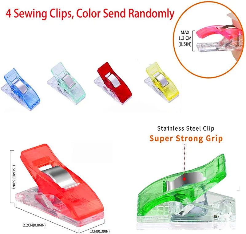 A set of four sewing clips in various colors, including red, blue, green, and yellow, for sending randomly.