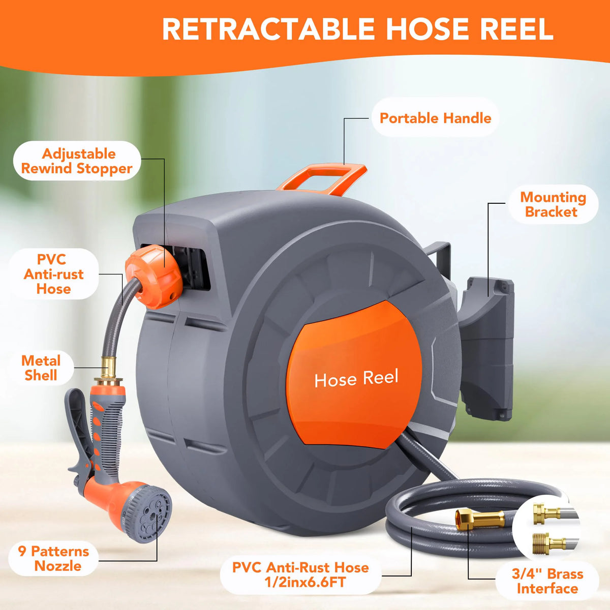 A gray retractable hose reel with a portable handle, mounting bracket, and 3/4" brass interface, shown on a light surface.
