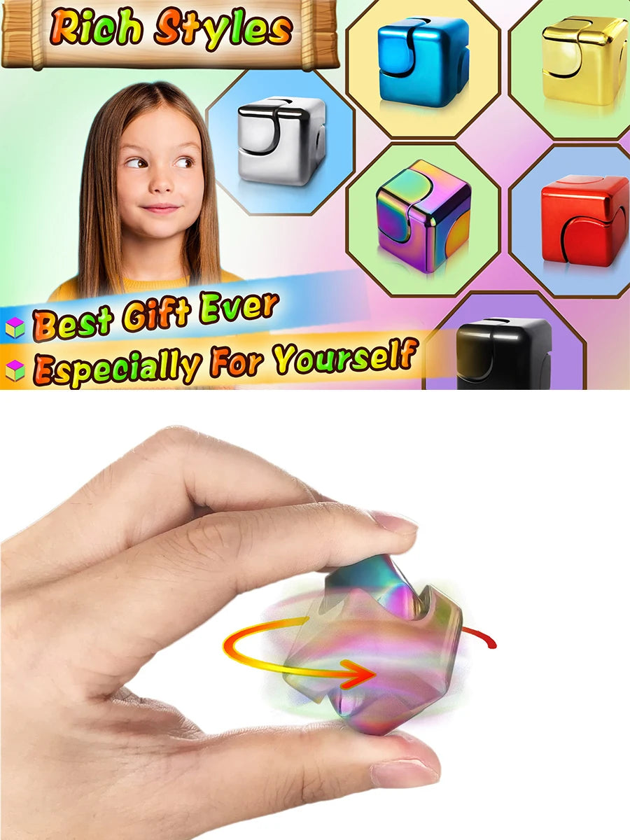 A hand holds a colorful, iridescent metal fidget cube spinner for stress relief.