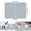 A silicone dish drying mat with a drainage ramp shown in various contexts and angles.