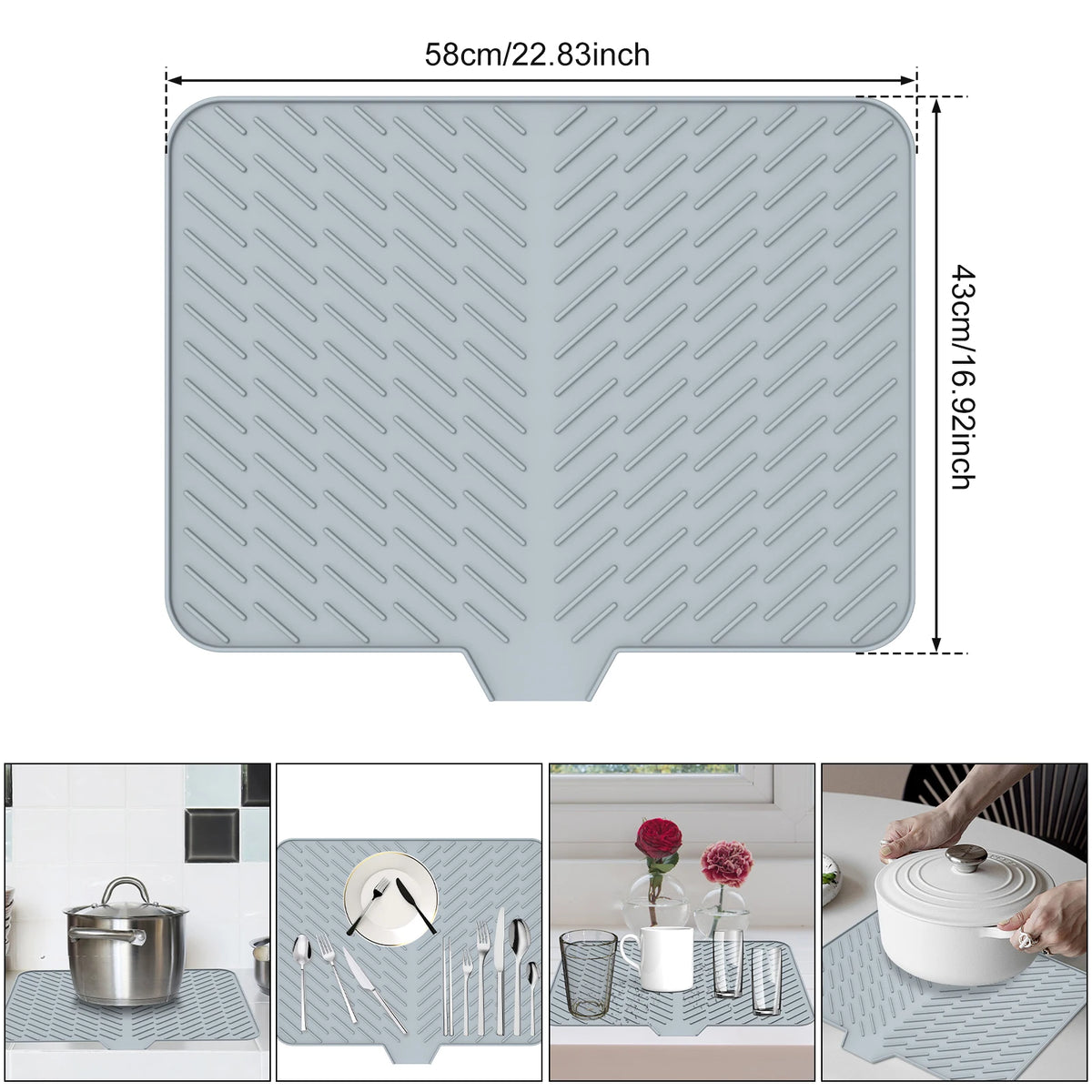 A silicone dish drying mat with a drainage ramp shown in various contexts and angles.