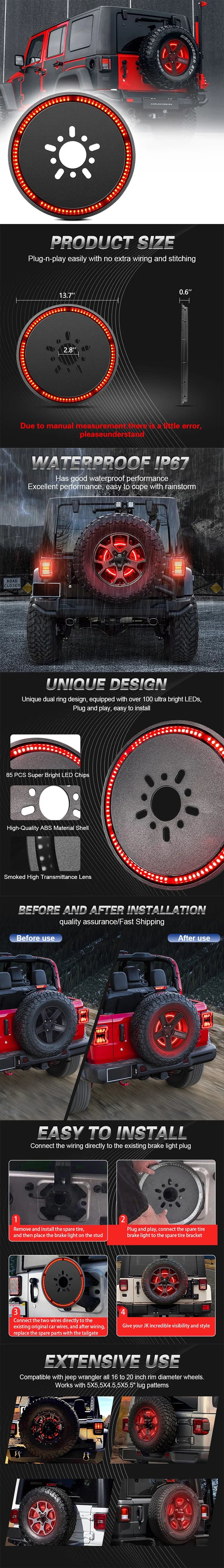 A close-up view of a universal spare tire brake light for Jeep Wrangler, showing its design and installation.