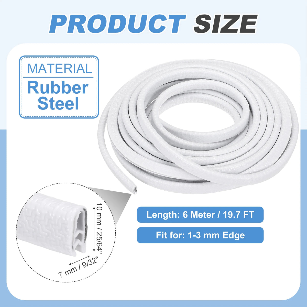 Roll of white rubber steel trim for protecting 1-3 mm edges, measuring 6 meters long.