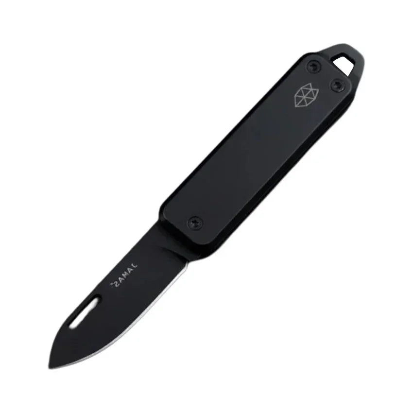 A black compact multi-tool pocket knife with a blade and handle visible.