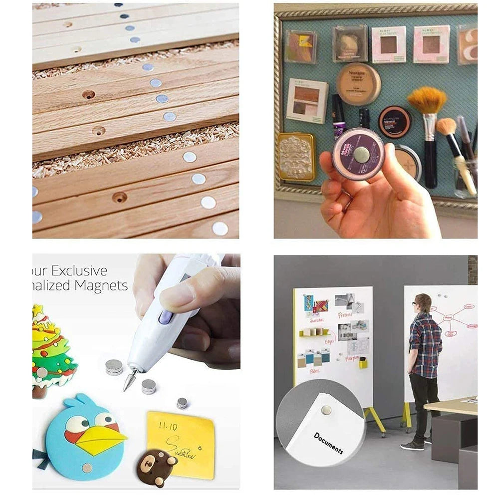A collection of various disc magnets and a document holder are shown for DIY, crafts, and organization.