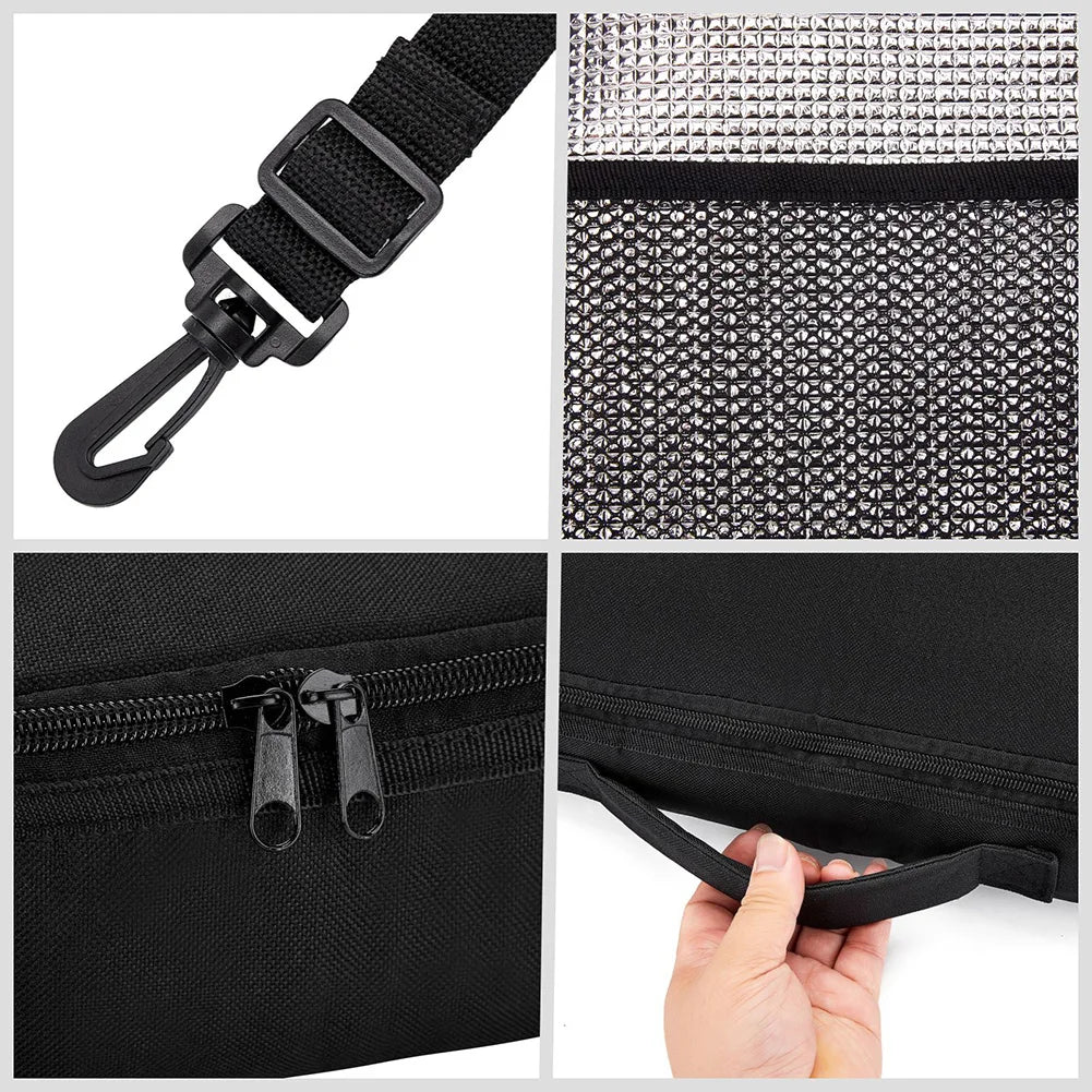 Black waterproof paddle board deck bag featuring a zipper closure and cooler lining.
