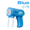 A blue bubble gun with a clear tank and a white nozzle is shown against a white background.