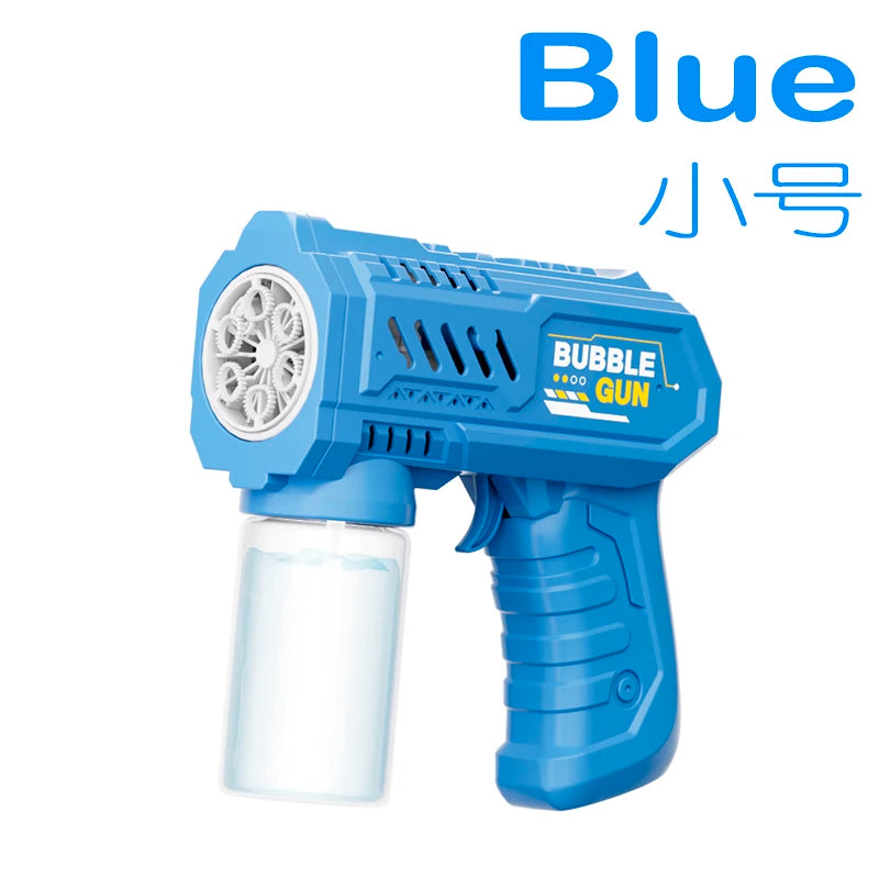 A blue bubble gun with a clear tank and a white nozzle is shown against a white background.