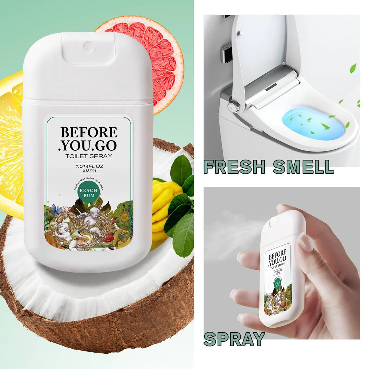 A white Before You Go toilet spray bottle is shown next to a toilet and a hand spraying the product.