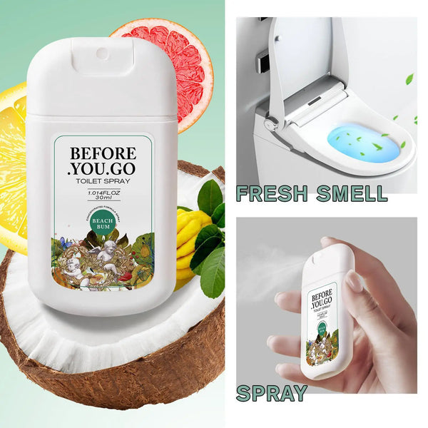 A white Before You Go toilet spray bottle is shown next to a toilet and a hand spraying the product.
