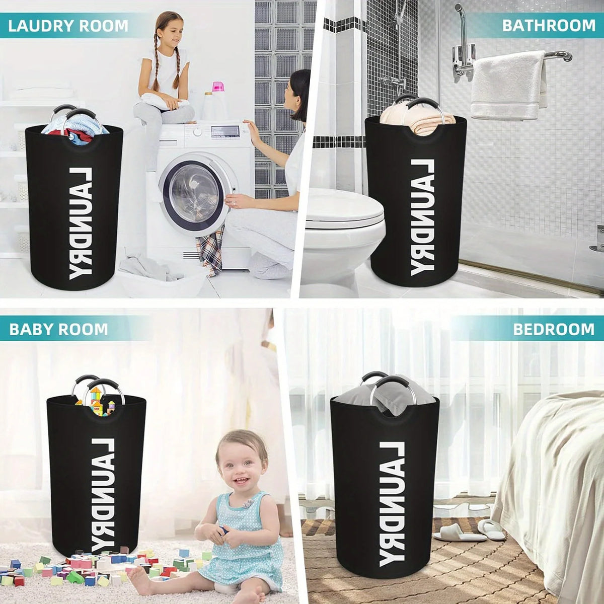 Black extra-large waterproof laundry basket used in various rooms like the laundry room, bathroom, baby room, and bedroom.