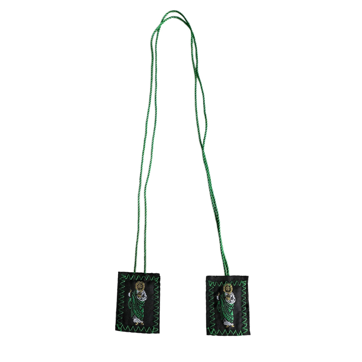 Set of three green scapular necklaces featuring Saint Jude and Our Lady of Guadalupe.