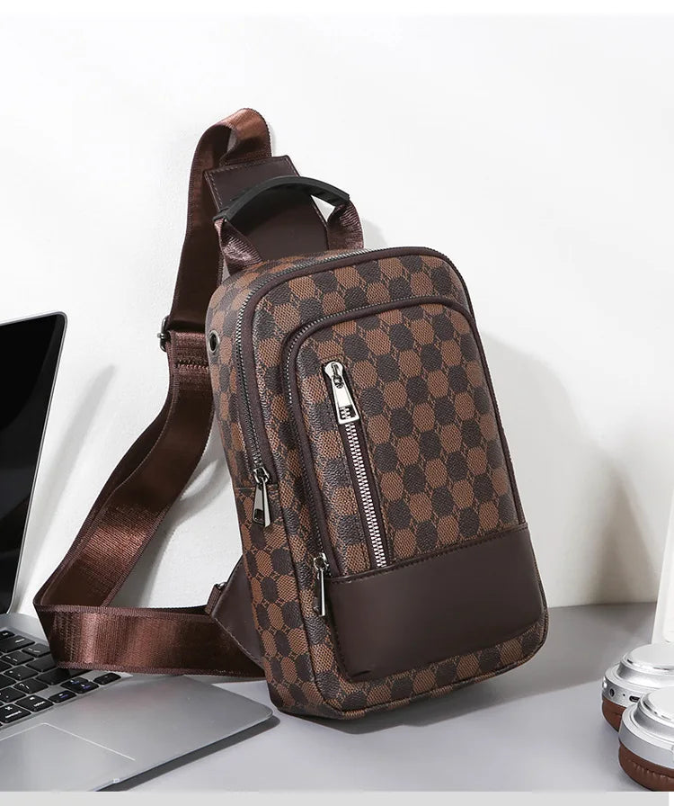 Men's Waterproof PU Leather Crossbody Bag with Geometric Pattern