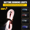 A hand holds a flexible LED light strip designed for daytime running lights on a car hood.
