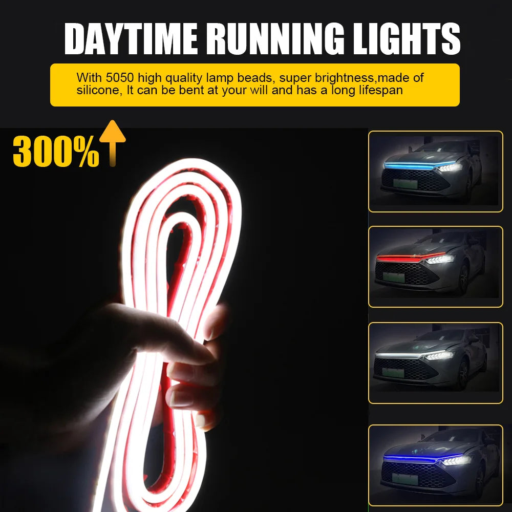 A hand holds a flexible LED light strip designed for daytime running lights on a car hood.