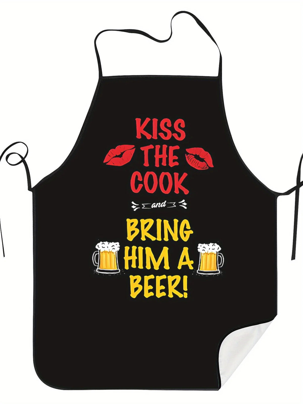 Black chef apron with red text that reads Kiss the Cook and Bring him a Beer