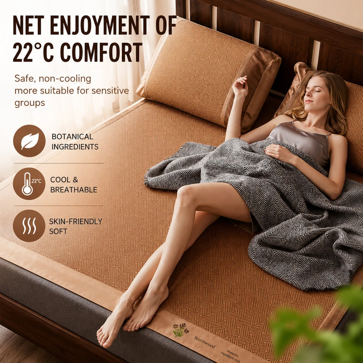 A woman relaxing on a bed with a gray blanket, featuring a brown mat and botanical ingredients details.