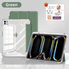A clear acrylic slim trifold iPad case with a green protective cover and a black display screen.
