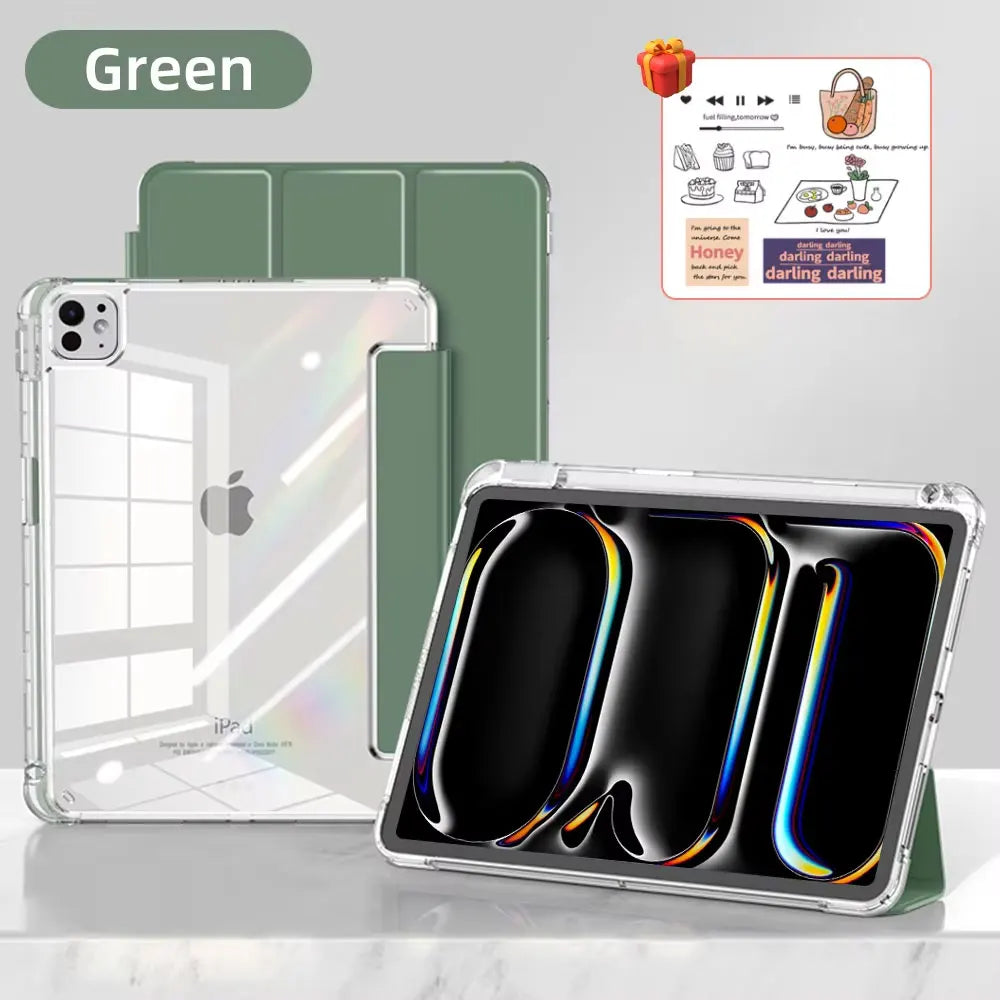 A clear acrylic slim trifold iPad case with a green protective cover and a black display screen.