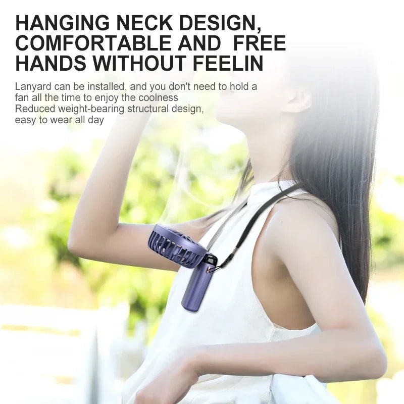A woman is wearing a purple lanyard with a foldable neck fan design, demonstrating the comfortable and free hands feature.