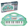 A green electronic music keyboard toy with a microphone and a matching carrying case.