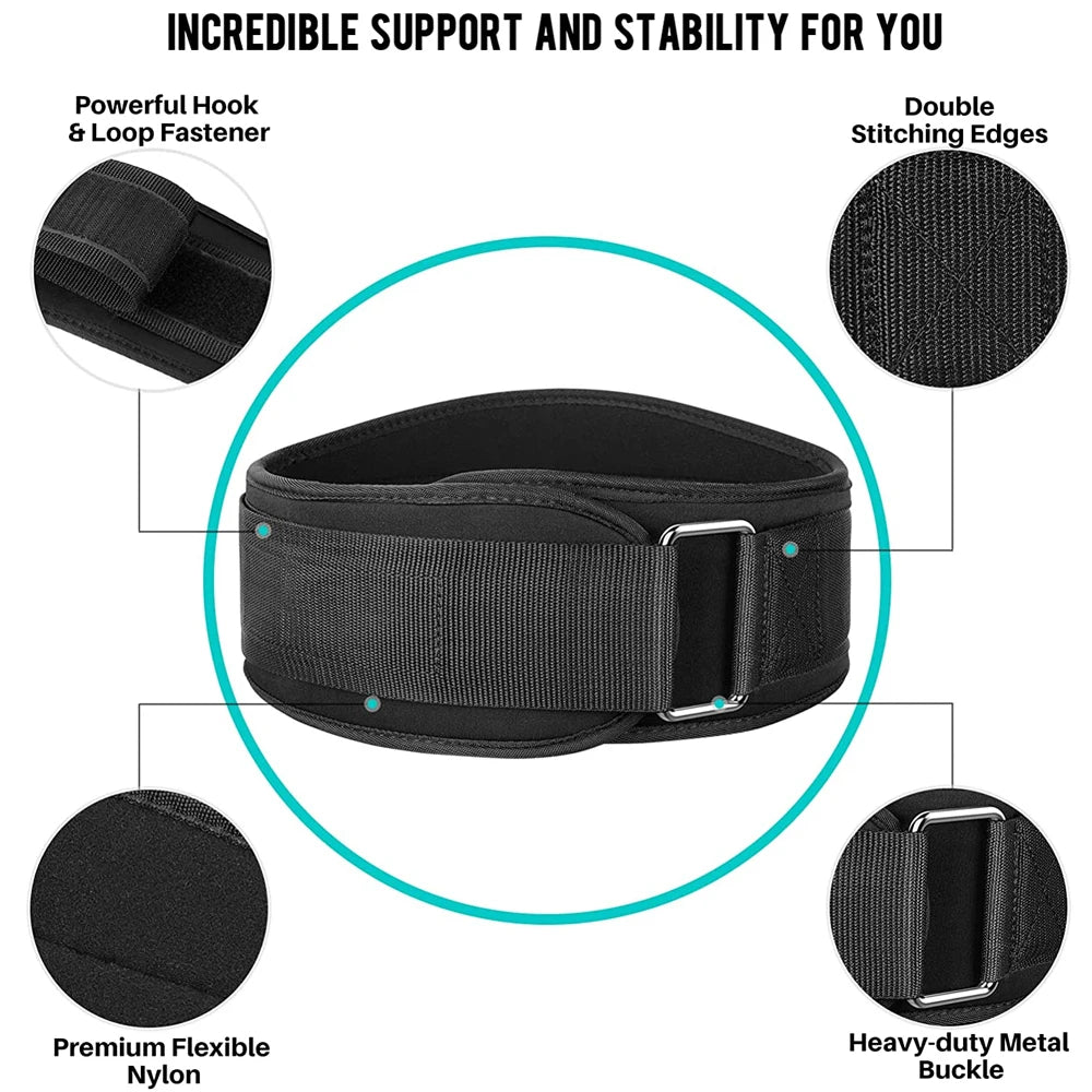 Black adjustable weight lifting belt featuring a powerful hook and loop fastener, double stitching edges, premium flexible ny