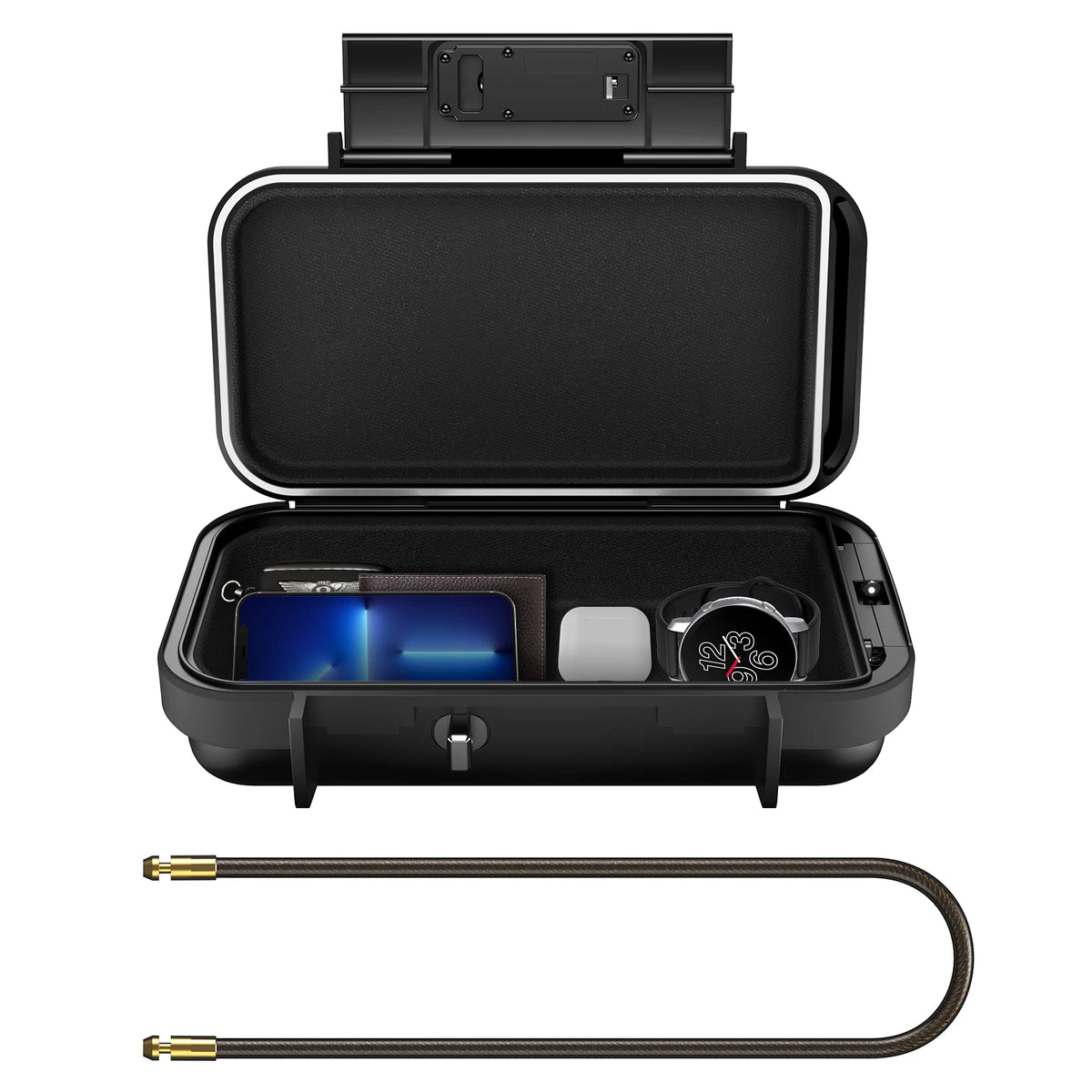 A black portable safe lock box with an open lid and a steel cable attached.