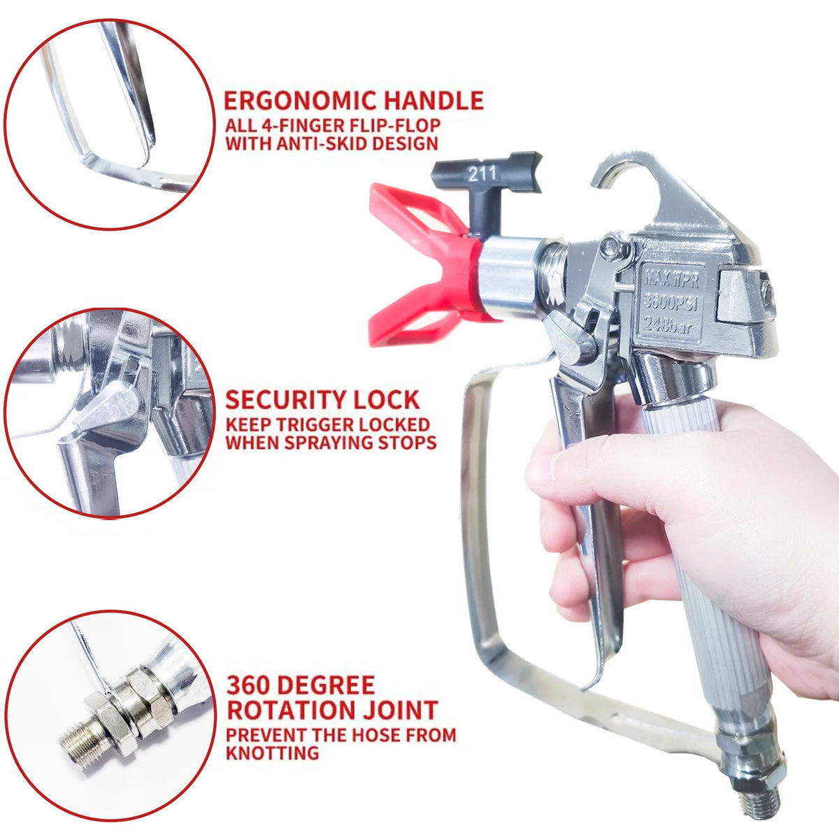 Kit de pistolet de peinture airless professionnel avec poignée ergonomique, verrou de sécurité et rotation à 360 degrés