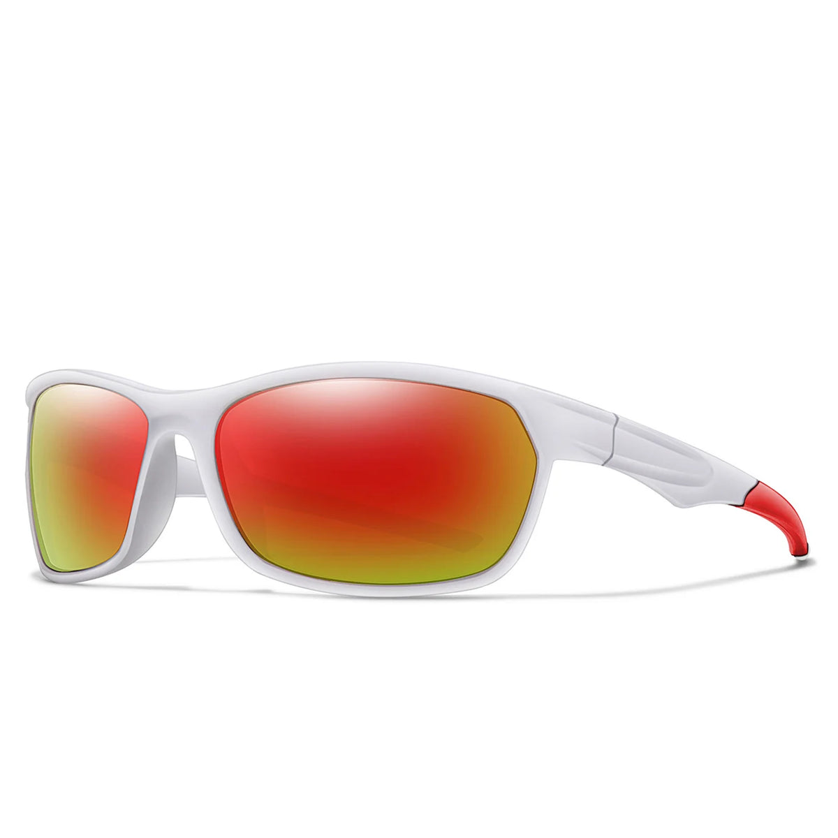 White sports sunglasses with orange and red polarized lenses shown against a white background.