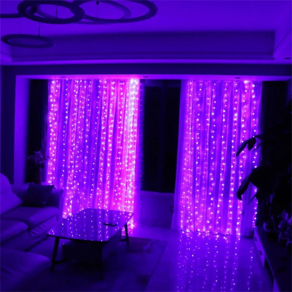 Purple LED curtain lights illuminating a window with sparkling lights for home decor