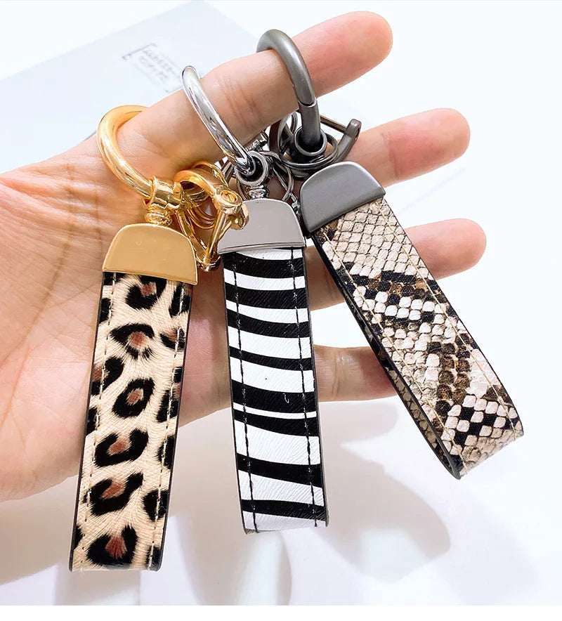 Zebra Print Leather Keychain with Animal Pattern