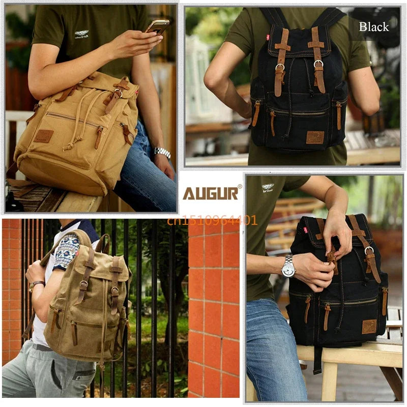 Vintage Canvas Backpack with Leather Accents – Large Capacity Travel & Laptop Bag