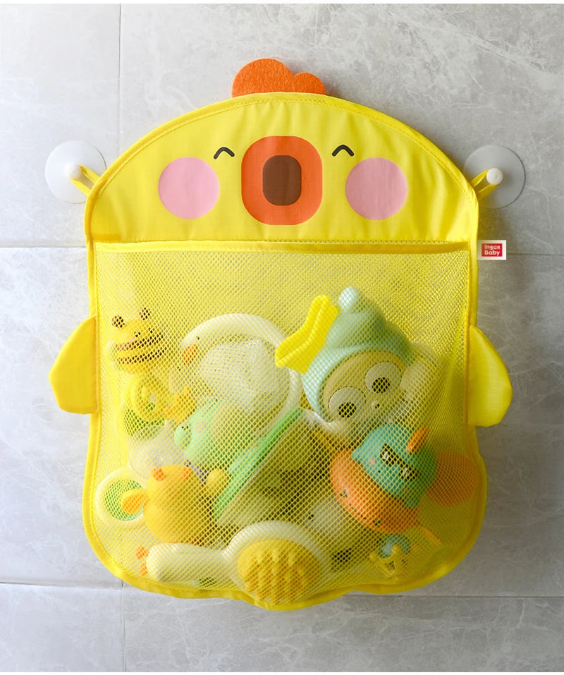 Yellow cartoon duck bath toy storage mesh bag with suction cup filled with various bath toys