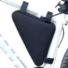 Black waterproof bike frame bag with velcro straps mounted on a white bicycle frame.