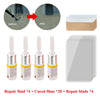 DIY Windshield Repair Kit showing before and after results, including repair fluid, cured films, and blades.