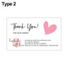 A thank you note card with pink heart design and text for an order.