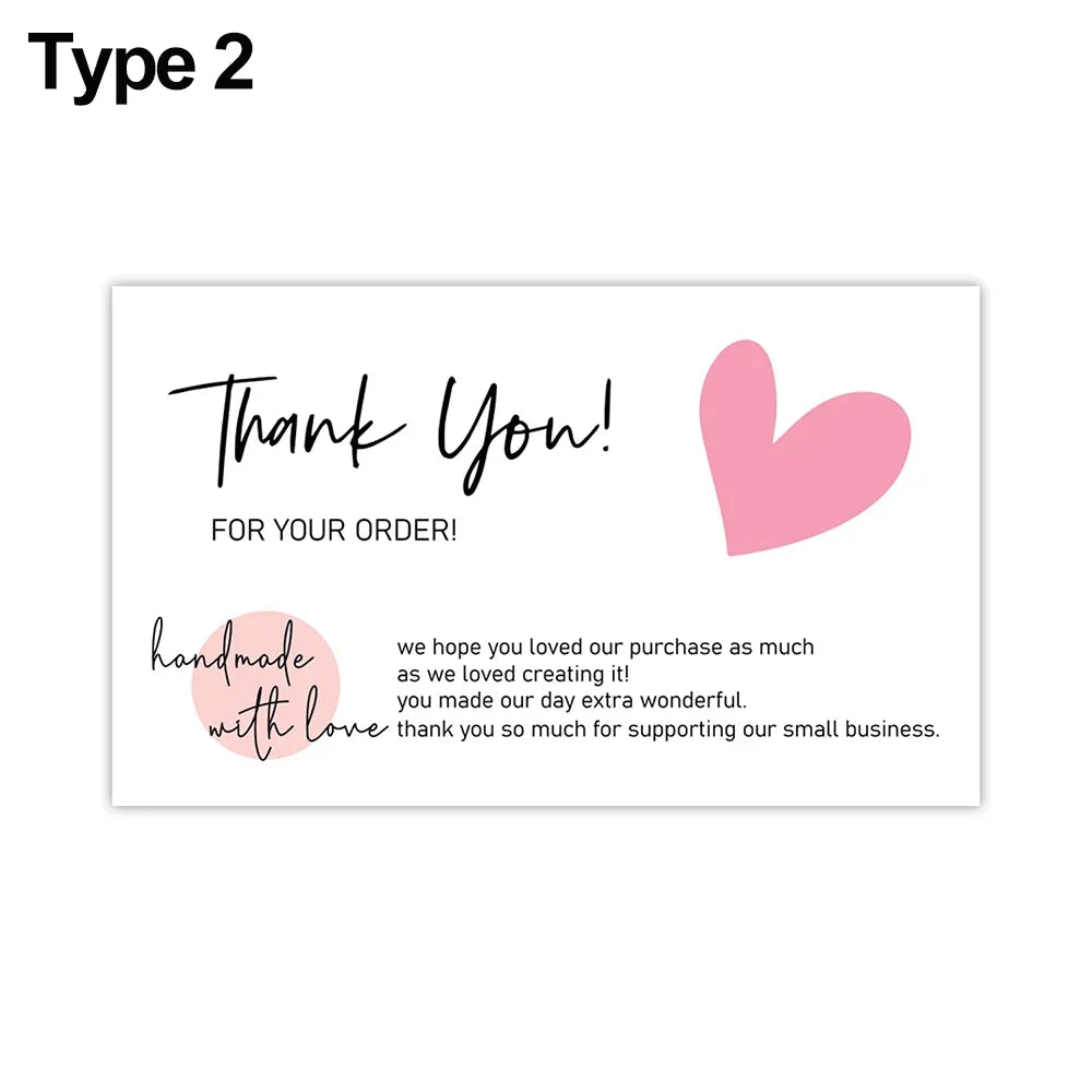 A thank you note card with pink heart design and text for an order.