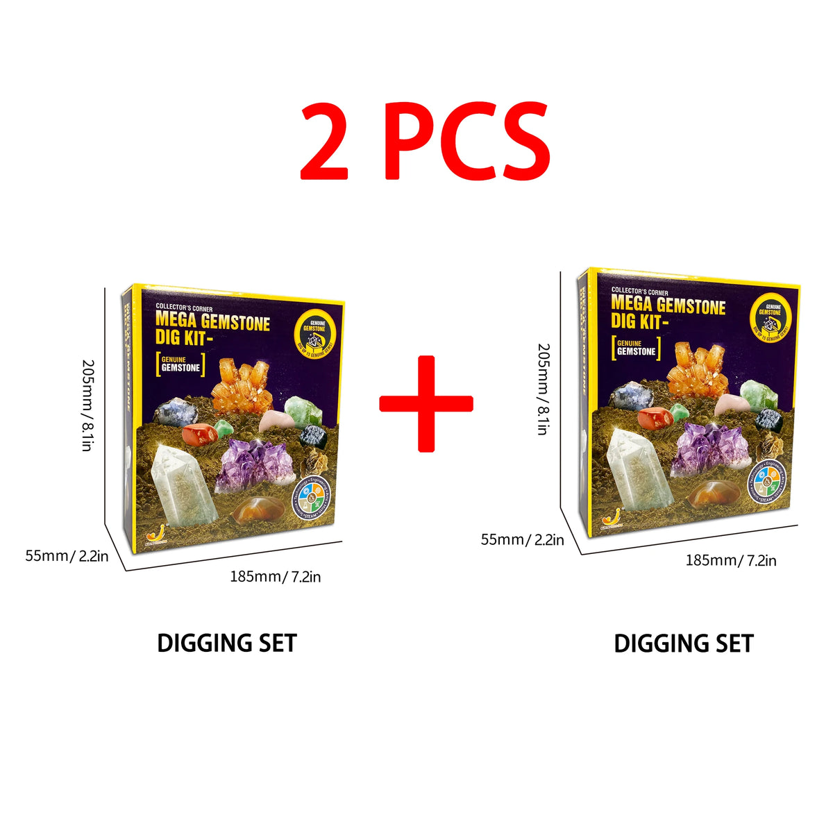 Two Mega Gemstone Dig Kits for kids featuring real crystals and digging tools