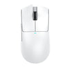 A white wireless gaming mouse with a black grip and an RGB light indicator is shown from above.