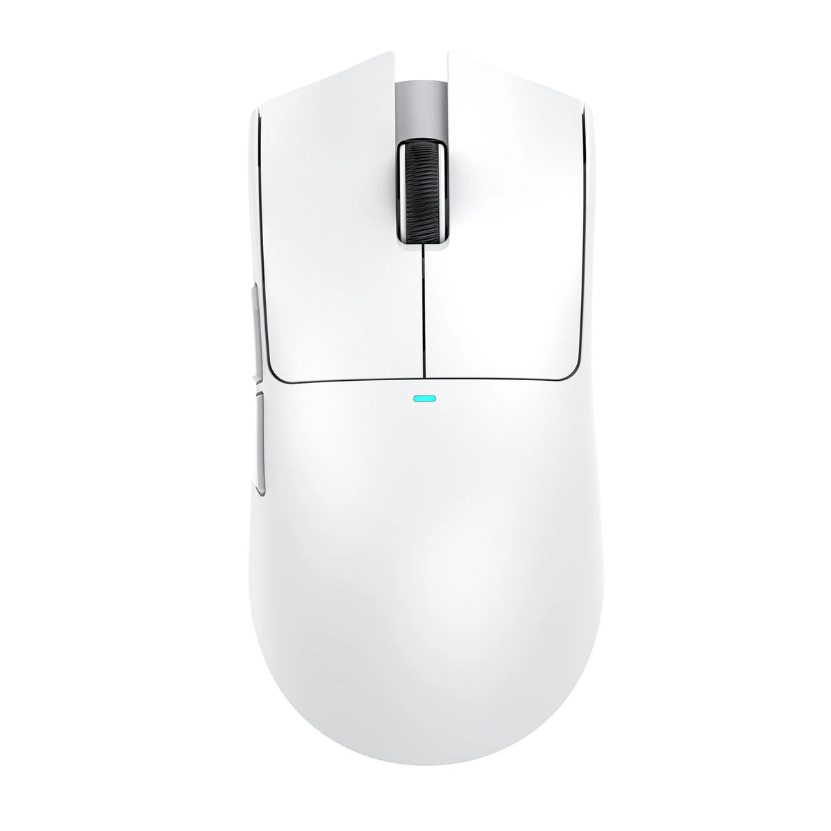A white wireless gaming mouse with a black grip and an RGB light indicator is shown from above.